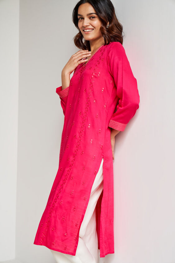 Solid Embroidered Straight Kurta, Hot Pink, image 3